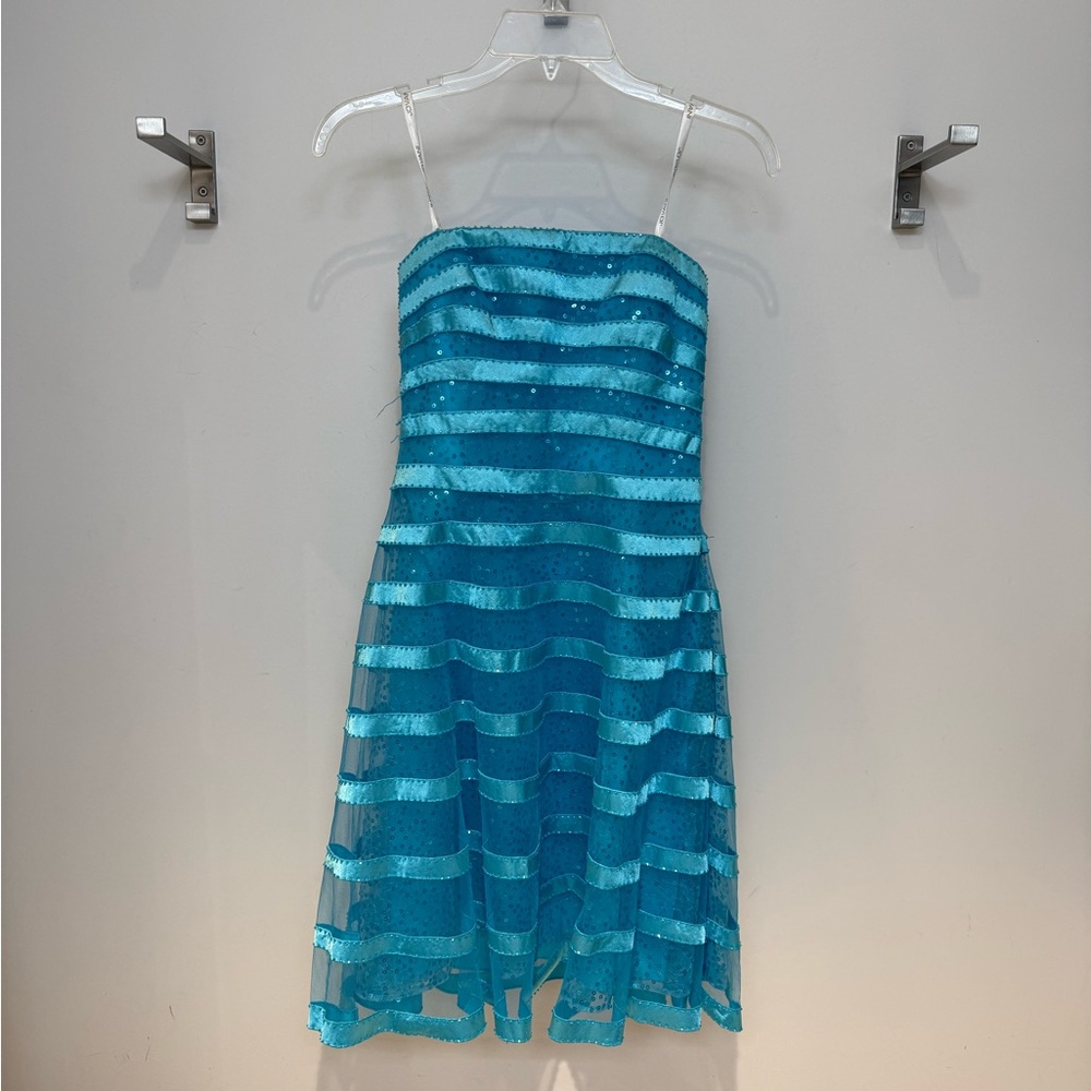 Jovani Turquoise Striped Formal Dress